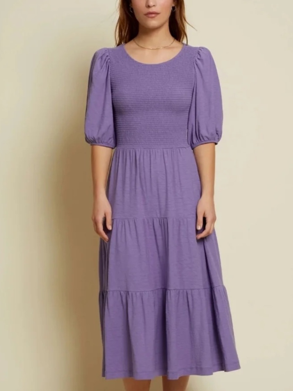 Nation LTD Florence Smocked Puff Sleeve Tiered Midi‎ Dress Lavender Pima XS